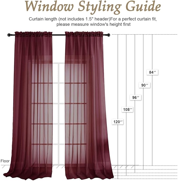 OVZME Wine Sheer Curtains 120 Inches Long 2 Panels Set, 59 Inch Extra Wide Soft Airy Lightweight Sheer Curtains for Living Room, Farmhouse Voile Filmy Rod Pocket Drapes, 59Wx120L Inches