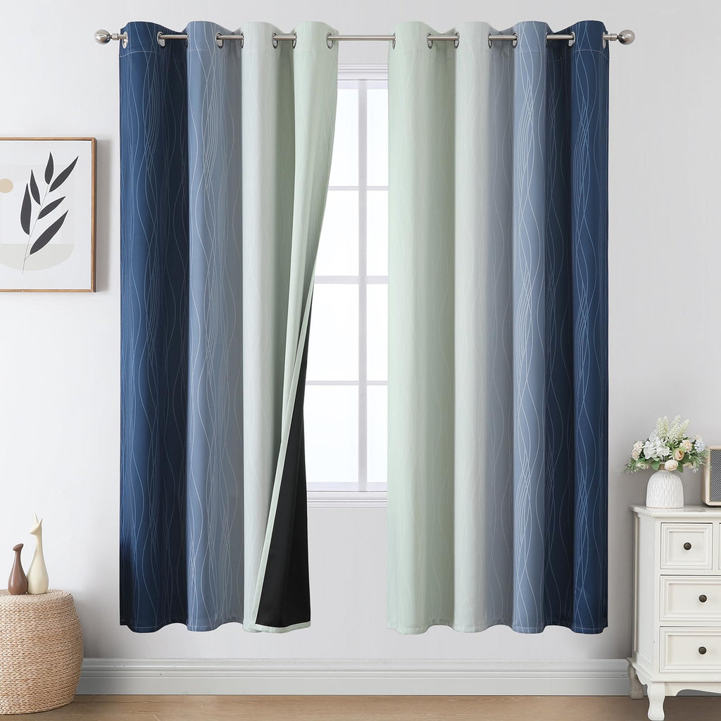 Sage Green and Navy Blue Ombre Blackout Curtains for Living Room 72 Inch
