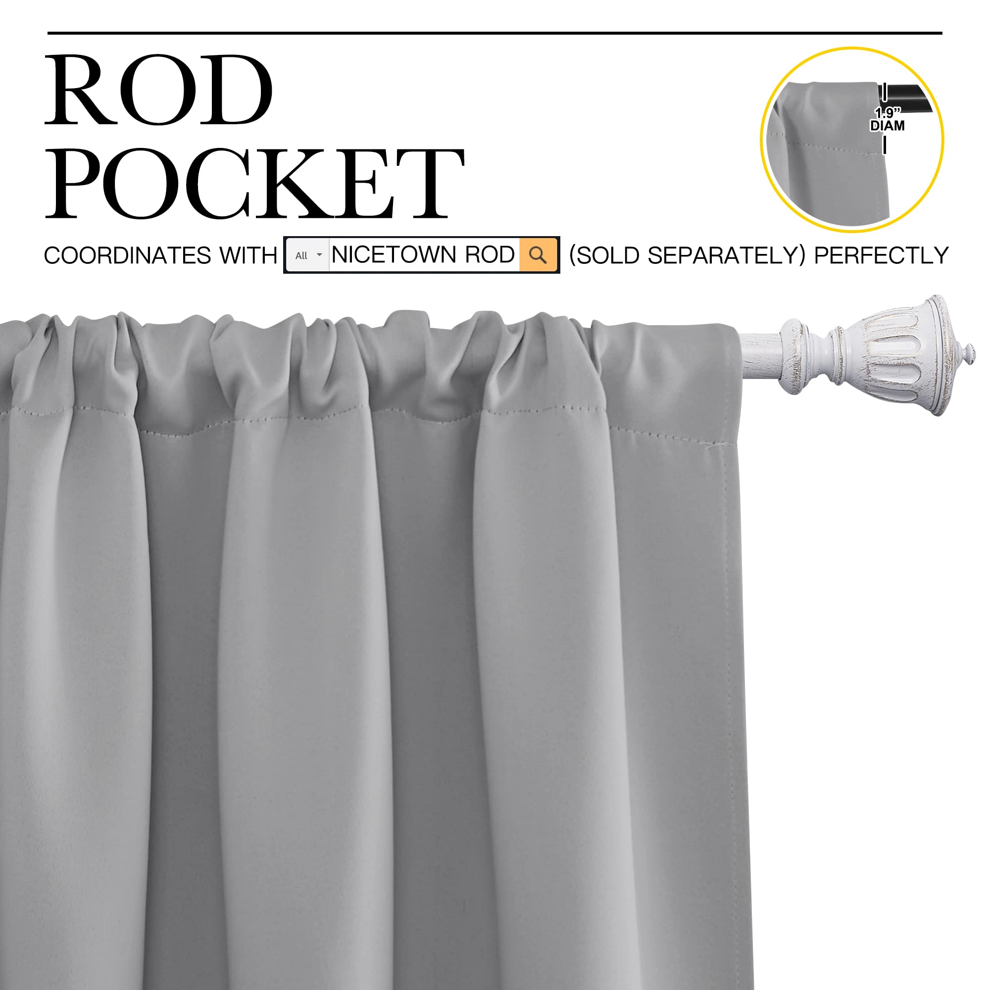 NICETOWN Kitchen Window Curtains 63 Long - Home Decoration Thermal Insulated Rod Pocket Blackout Blinds & Drapes for Small Windows (Silver Grey, 2 Panels, W34 x L63 -Inch)