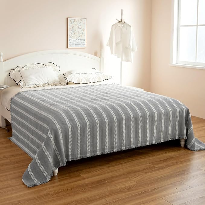 KaviKon Couch Cover for Dogs, Boho Sofa Covers for 3 Cushion Couch, Chenille Sofa Slipcover for Pets Washable, L-Shape Sectional Loveseat Cover Soft Throw Blankets with Tassels(71x134,Striped Grey)