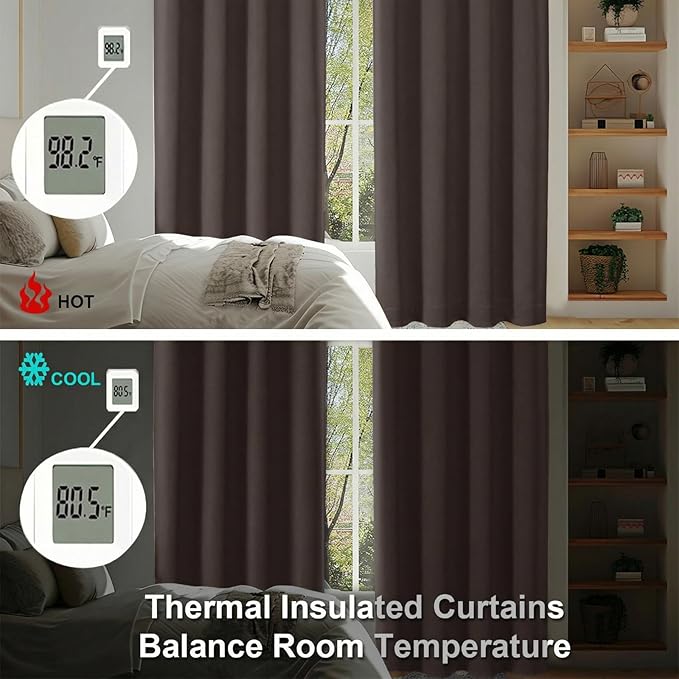 Simplebrand Ava Blackout Curtains for Patio 108 Inches Long 2 Panels Set, Solid Thermal Insulated Room Darkening Rod Pocket Window Treatment Curtains Blackout Drapes, W50 x L108 Inch, Chocolate
