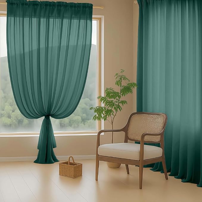 Ebesto Green Sheer Curtains 84 Inches Long 2 Panels, Elegant Airy Transparent Light Filtering Window Curtains, Window Drapes for Christmas, Top Dual Rod Pocket Design, Hunter Green, 2x42Wx84L Inches