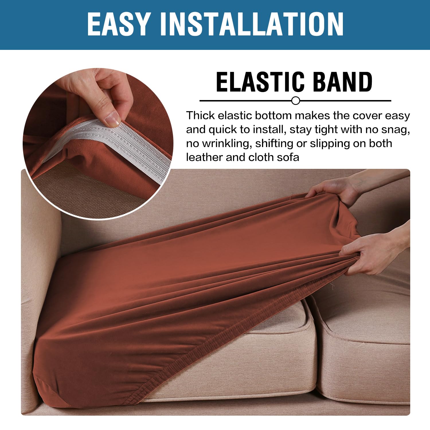 H.VERSAILTEX Velvet Stretch Couch Cushion Cover Plush Cushion Slipcover for Chair Loveseat Sofa Cushion Furniture Protector Seat Cushion Sofa Cover (3 Piece Sofa Cushion Covers, Rust)