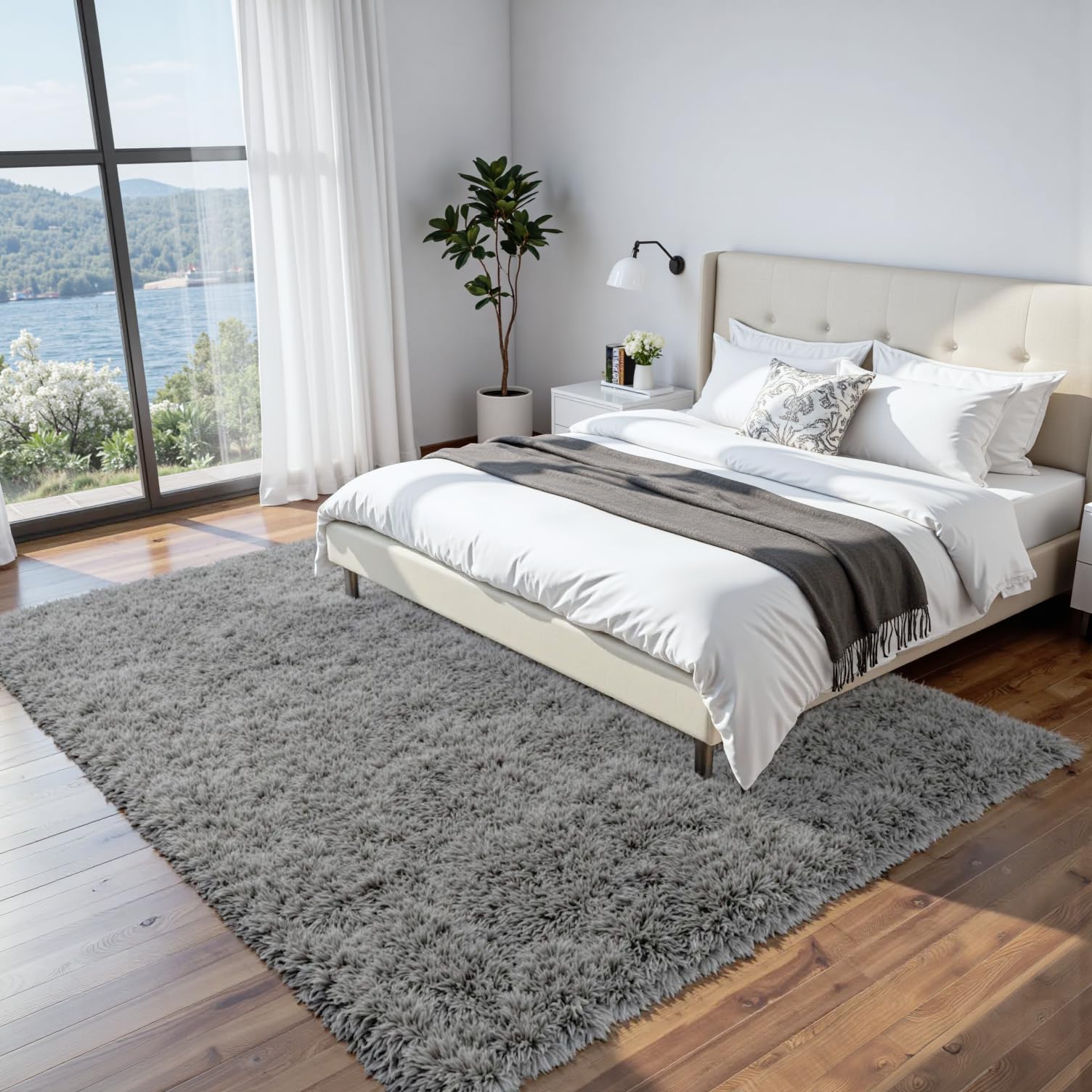 8x10 Fluffy Shag Area Rugs for Living Room Bedroom: Soft Carpet Light Gray