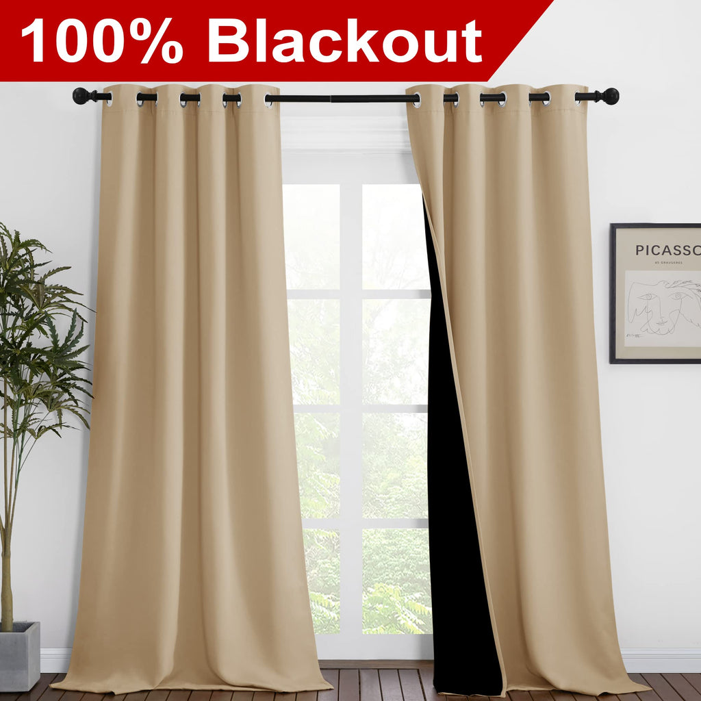 NICETOWN Living Room Completely Shaded Draperies, Privacy Protection & Noise Reducing Black Lined Insulated Window Treatment Curtain Panels for Patio Door (Set of 2 Pcs, W46 x L90, Biscotti Beige)