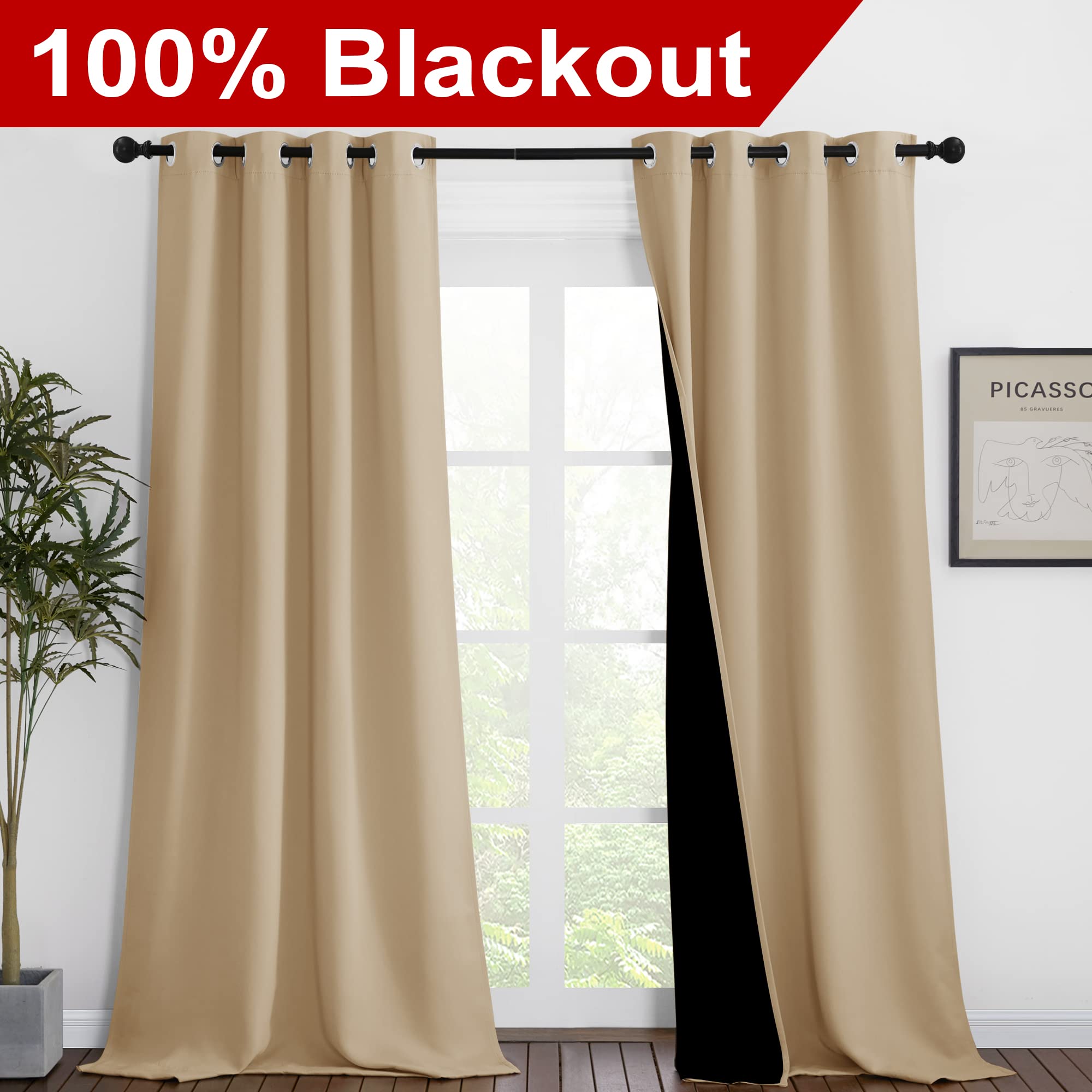 NICETOWN Living Room Completely Shaded Draperies, Privacy Protection & Noise Reducing Black Lined Insulated Window Treatment Curtain Panels for Patio Door (Set of 2 Pcs, W46 x L90, Biscotti Beige)
