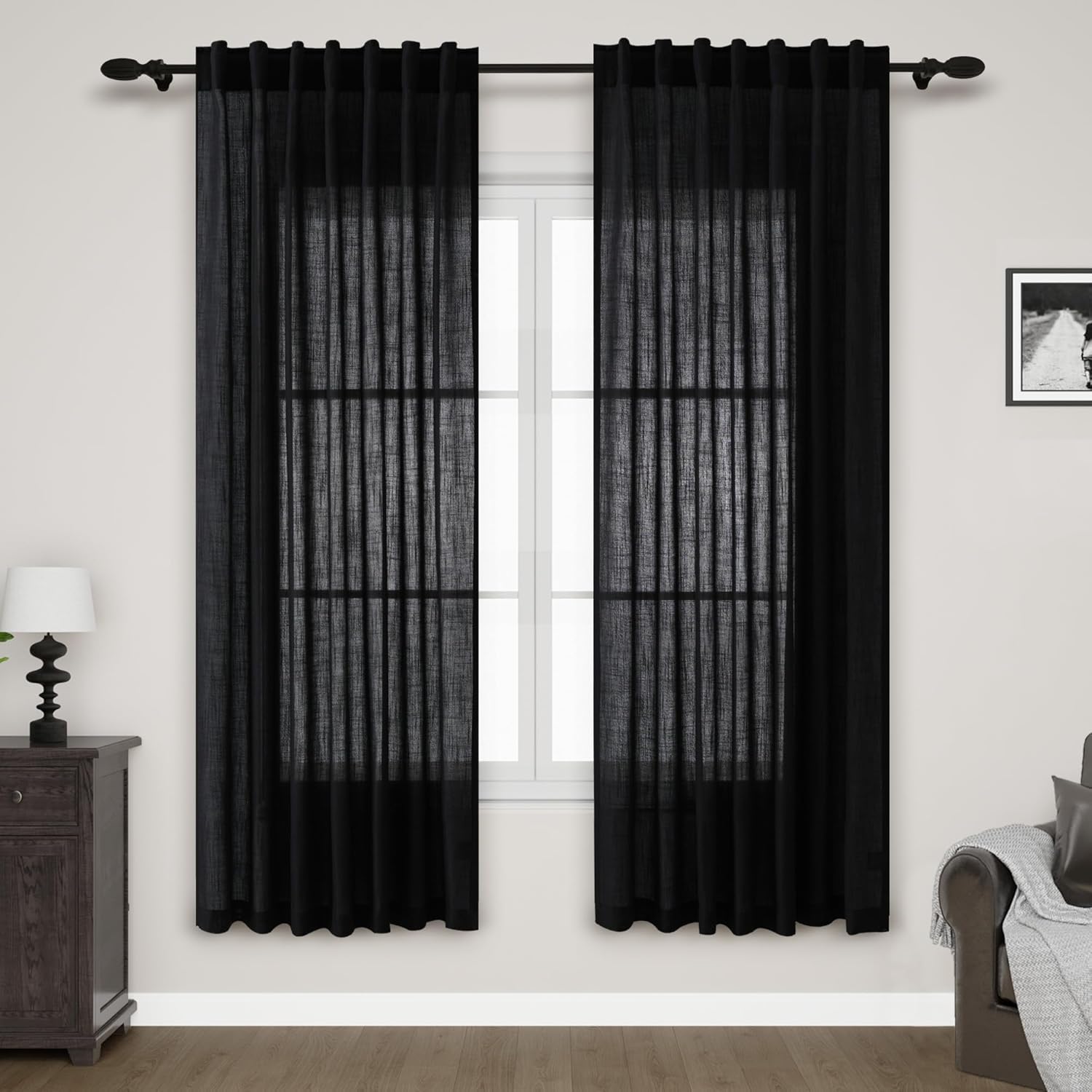 Nanspring Mist Sage Linen Curtains Semi Sheer 96 Inches Long 2 Panels Set for Living Room Back Tab Rod Pocket Light Filtering Drape for Bedroom Modern Farmhouse Coastal Decor Protect Privacy 52x96 — 기타