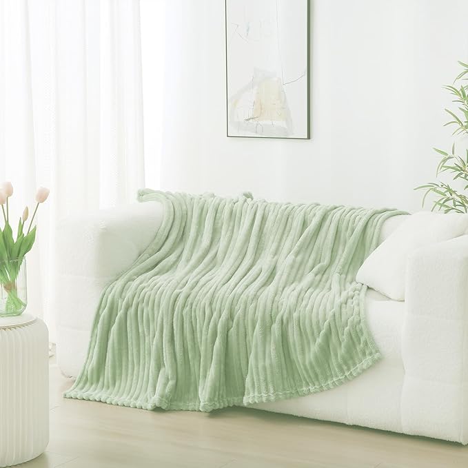 Cream Green Fleece Throw Blanket 60”×80” for Couch Sofa Livingroom