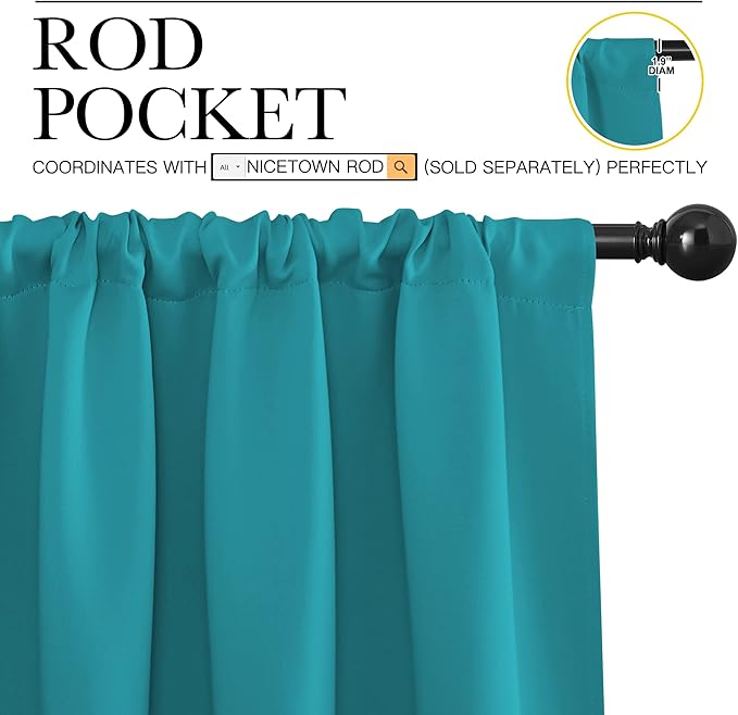 NICETOWN Peacock Blue Blackout Curtains Panels for Window, Thermal Insulated Rod Pocket Blackout Drapes/Draperies for Living Room (2 Panels, W42 x L45 inches)