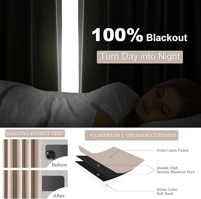 Topfinel 92 inch Long Blackout Curtains 2 Panels Set Neutral Beige Window Drapes 100% Blackout Linen Curtain with Back Tab Rod Pocket Sunlight Blocking Thermal Insulated Panel for Bedroom Living Room