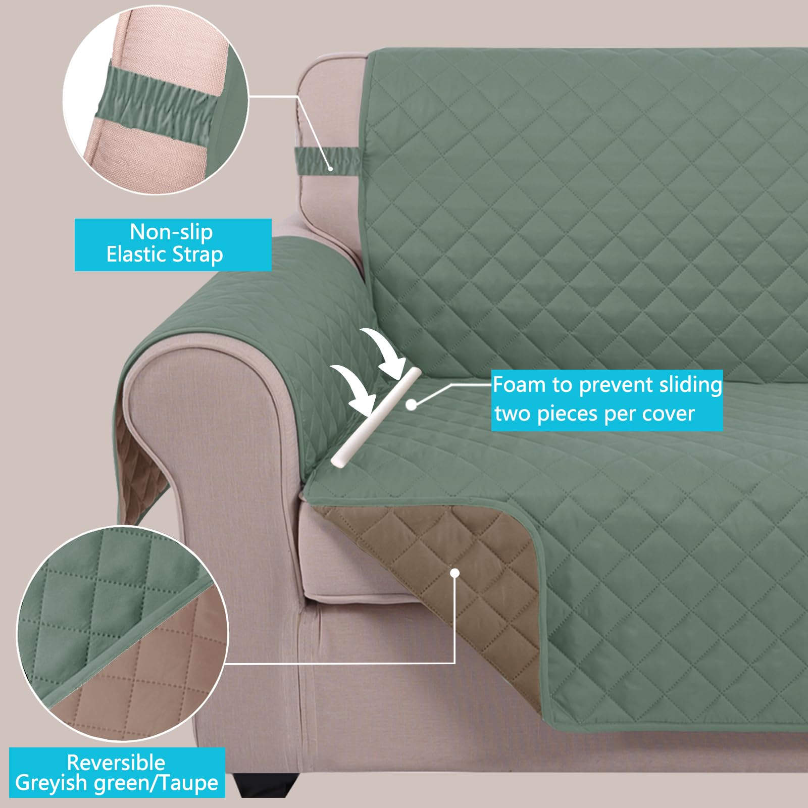 U-NICE HOME Reversible 23''Recliner Small Chair Cover, Greyish Green/Taupe