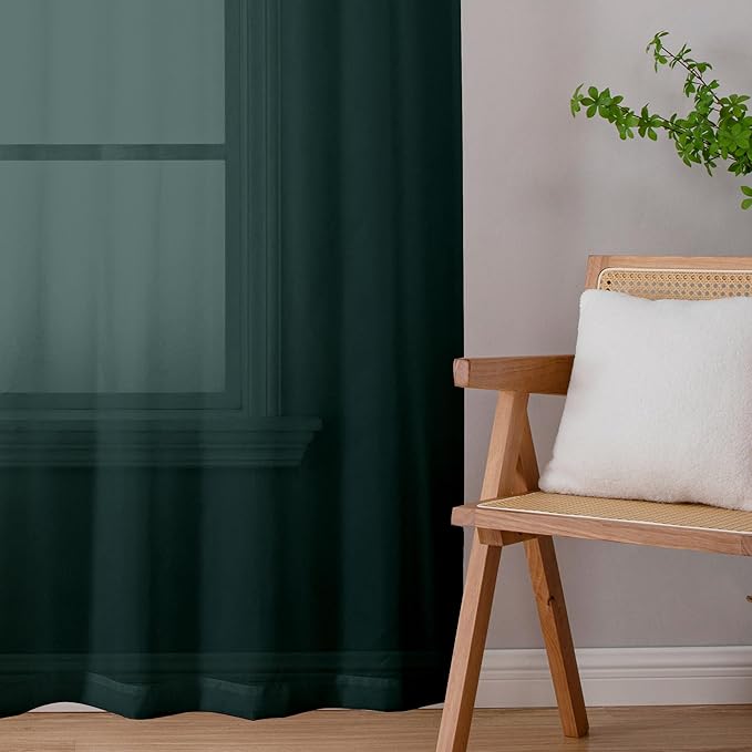 Chyhomenyc Hunter Green Sheer Valances for Windows - Light Filtering Small Kitchen Curtains, Rod Pocket Short Top Window Treatment Decor for Living Room Bathroom Basement, 42Wx16L inches, 2 Panels