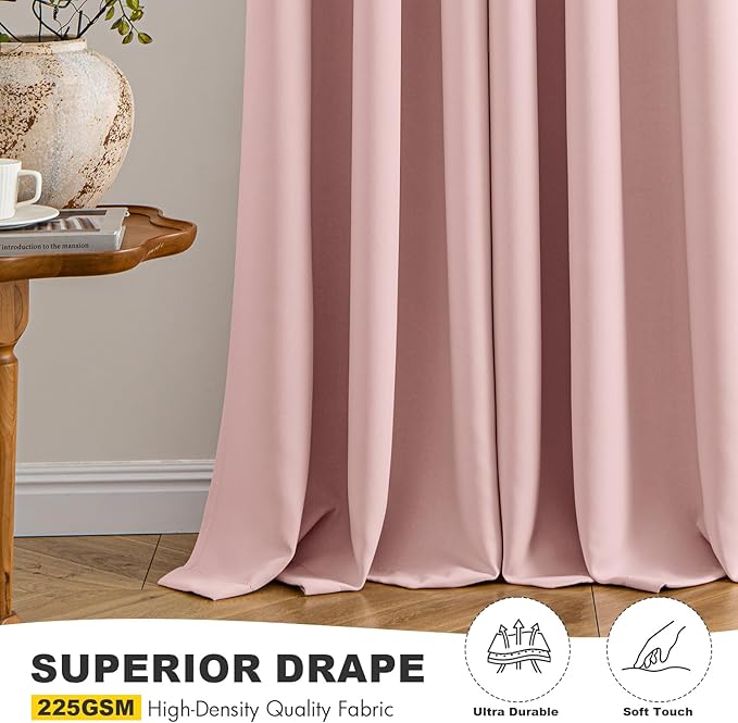 MIULEE Baby Pink Blackout Curtains for Bedroom Living Room 63 Inches Long 2 Panels, Thermal Insulated Room Darkening Drapes Solid Grommet Noise Reduction Light Blocking Window Treatments 34x63 Inch