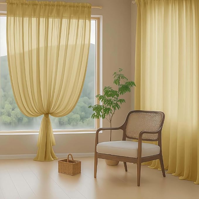 Gold Sheer Curtains for Window 96 Inches Long 2 Panels Set, Soft Airy Light Filtering Voile Sheer Curtains for Living Room Bedroom, Dual Rod Pocket Elegant Window Drapes, 2x42Wx96L Inches