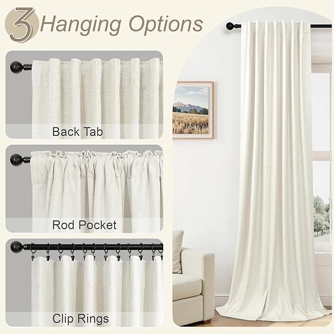 Natural Linen Textured Short Black Out Curtain 58 Inch Long for Bedroom 58 Length Burlap Small Blackout Window Back Tab Thermal Cooling Curtain for Summer Heat Living Room Divider Closet 2 Panel Cream