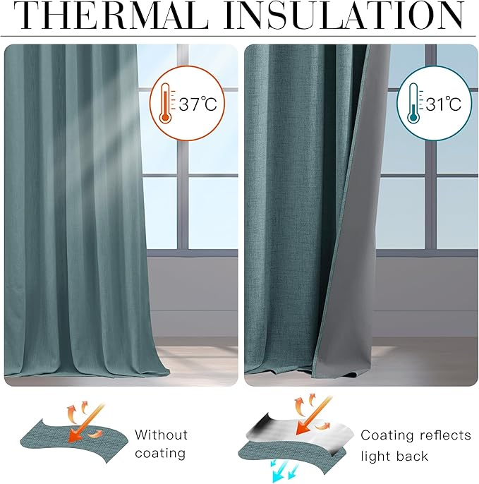RYB HOME 100% Blackout Linen Textured Curtains 84 inches Long, Thermal Insulating Privacy Energy Saving for Bedroom Living Room Window Office Theater Baby Nursery, W 52 x L 84 in, Misty Blue, 2 Pcs