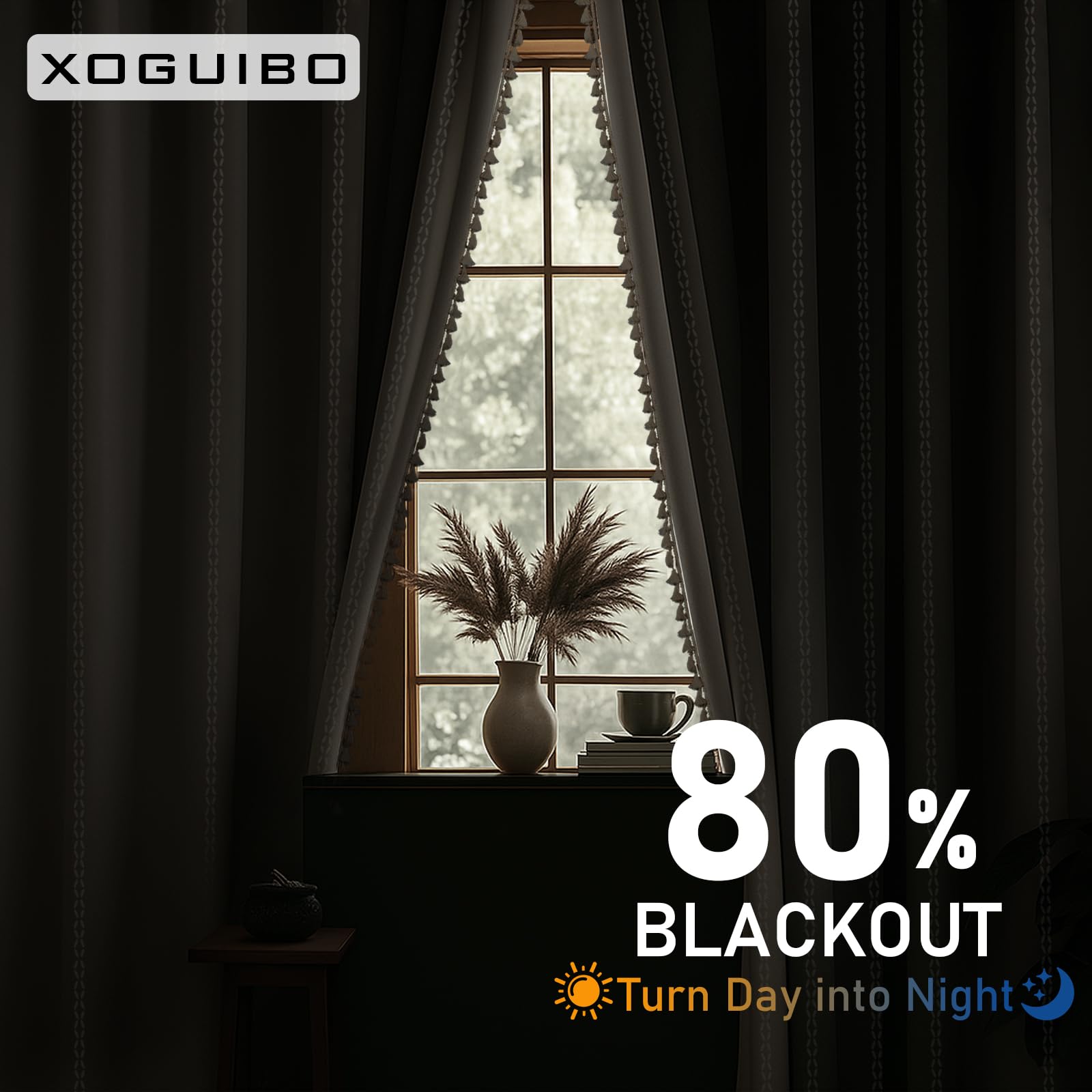 XOGUIBO 80% Boho Blackout Curtains 84 Inch Linen Blend Drapes 2 Panels