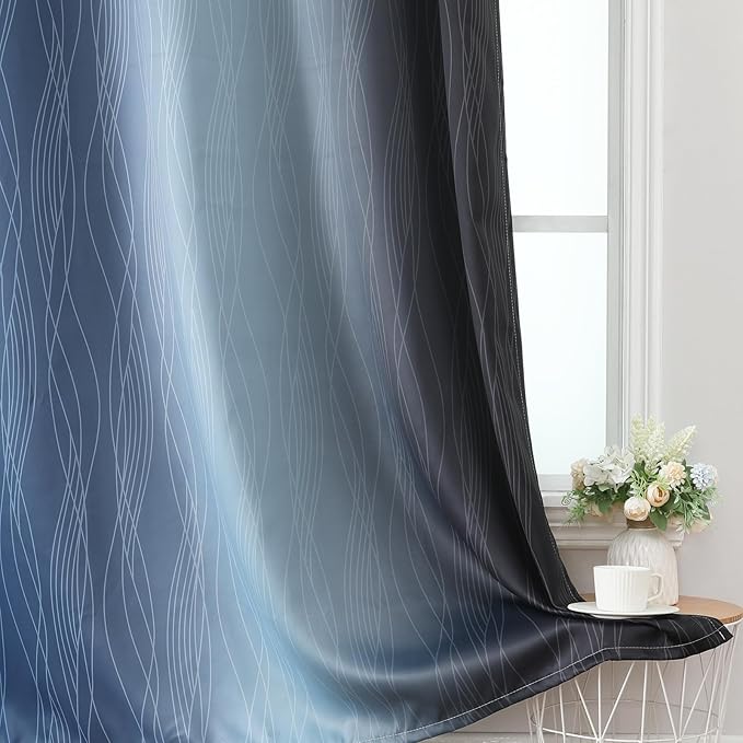 Navy Blue and Black Ombre Blackout Curtains for Bedroom 63 Inch Length