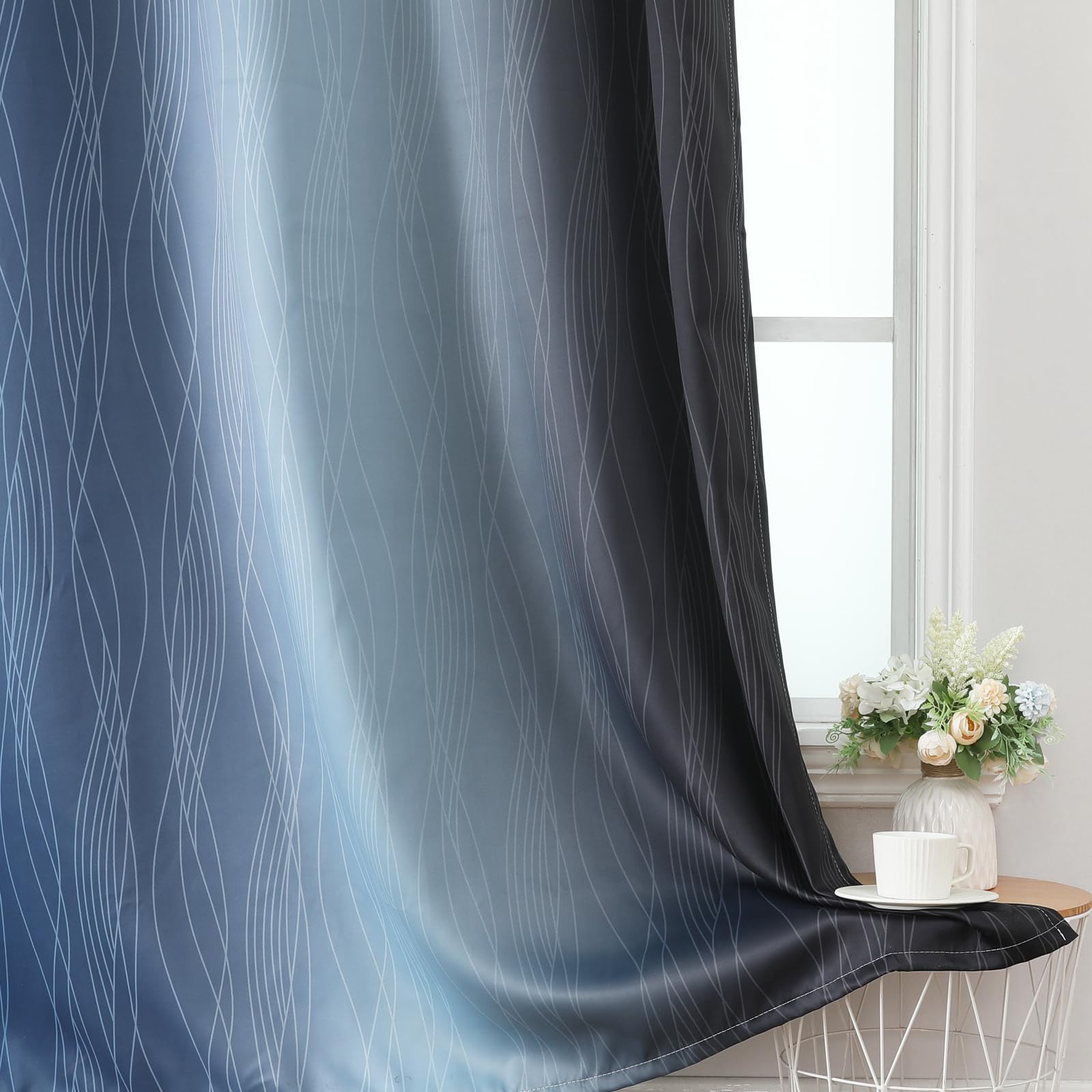Navy Blue and Black Ombre Blackout Curtains for Living Room 108 Inch Length