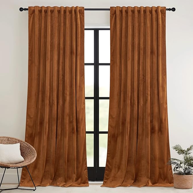 RYB HOME Orange Velvet Curtains 72 inches with Hook Belt, Back Tab