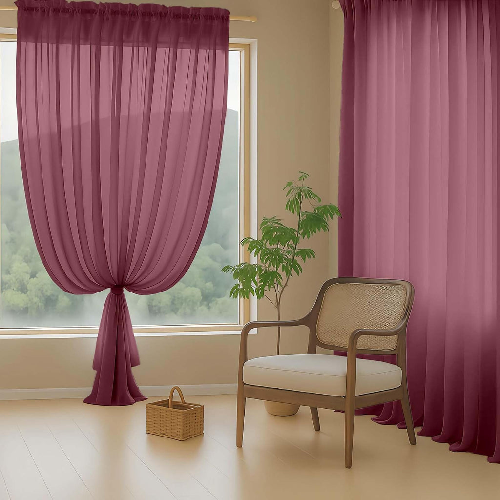 Ebesto Burgundy Sheer Curtains 120 Inches Long 2 Panels, Extra Long Light Filtering Modern Window Curtains for Sliding Glass Door, Rod Pocket Voile Drapes for Living Room Bedroom, 2x42Wx120L Inches