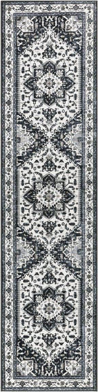 Yamaziot Washable Runner Rug, 2x8 Non-Slip Boho Vintage Hallway Rug Runner with Rubber Backing, Stain Resistant & Low Pile Faux Wool Distressed Carpet Runner for Bedroom, Kitchen, Laundry, Entrance