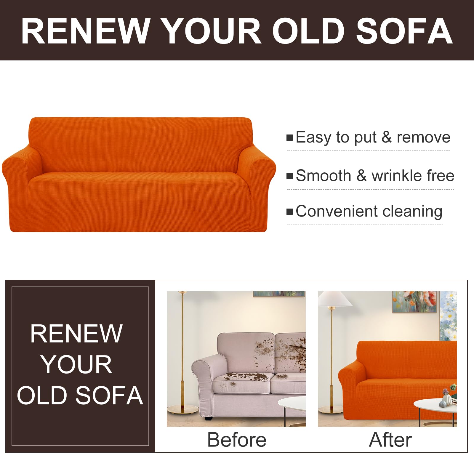 U-NICE HOME Stretch Couch Cover Slipcover for 3 Cushion Sofa, Orange