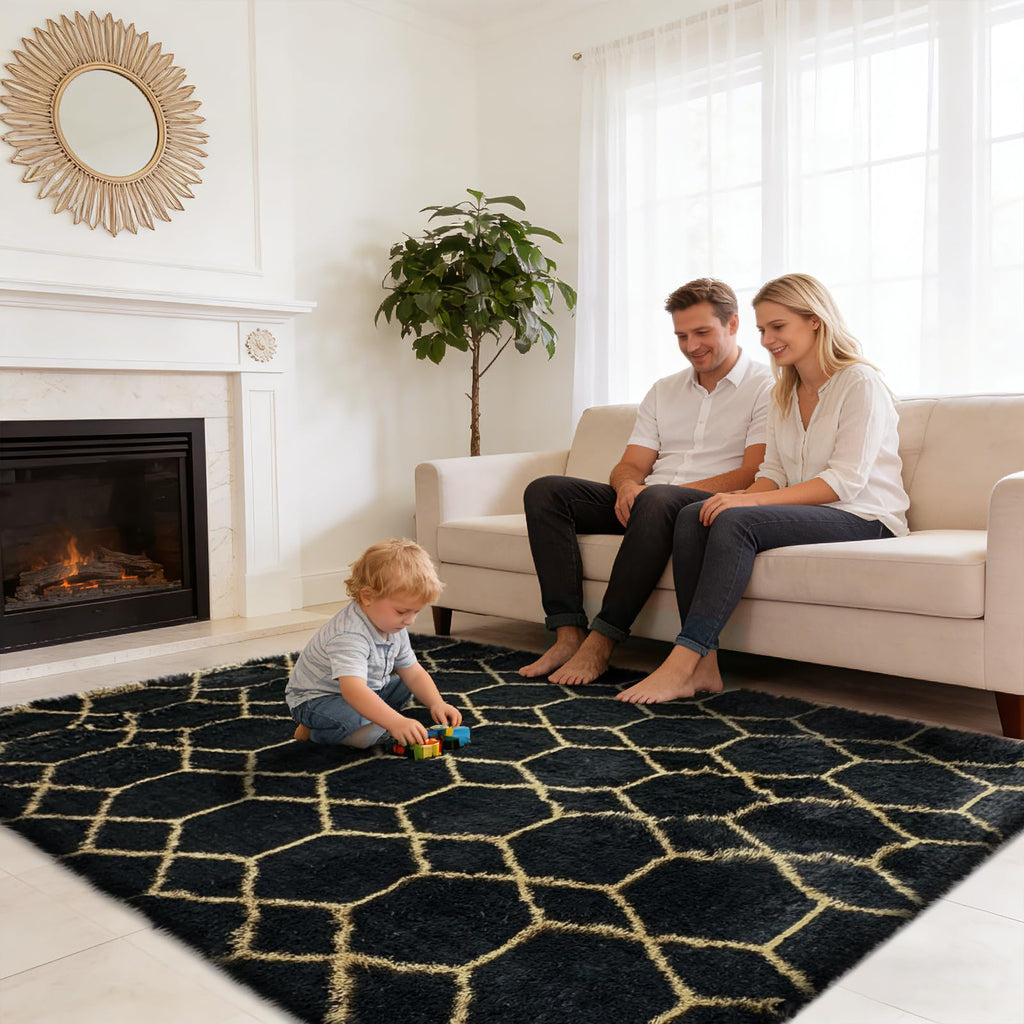 8x10 Fluffy Area Rugs for Living Room Bedroom,Black and Gold Shag Rug