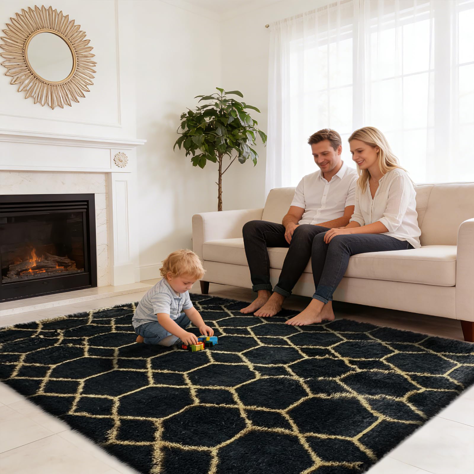 8x10 Fluffy Area Rugs for Living Room Bedroom,Black and Gold Shag Rug
