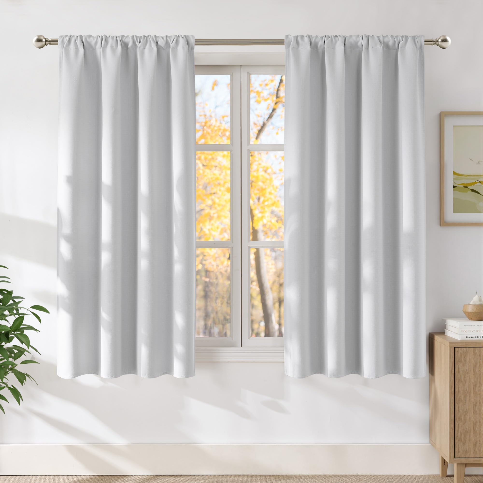 NICETOWN Greyish White Faux Linen Room Darkening Rod Pocket Curtains 63 inch Length, W42 x L63, Light Blocking Thermal Insulated Noise Reducing Drapes for Bedroom Living Room Farmhouse Decor, 2 Panels