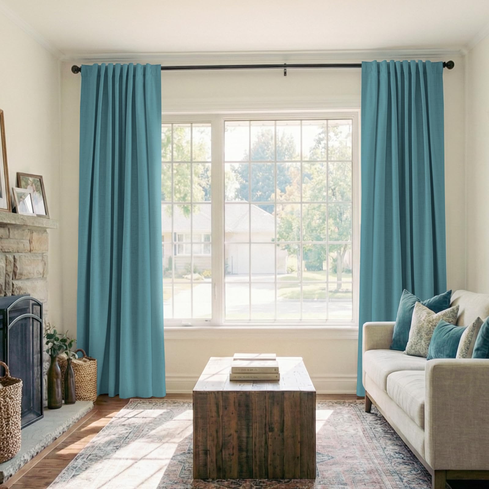 Faux Linen Total Blackout Curtains for Bedroom 90 Inches Long, Dark Cyan