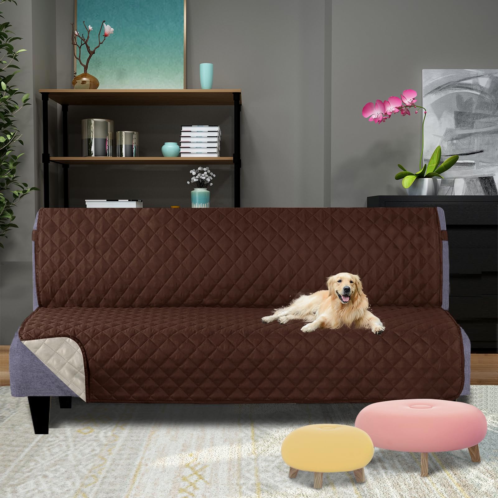 U-NICE HOME Futon Sofa Covers 68''Armless Couch Cover, Brown/Beige