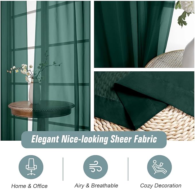 Ebesto Green Sheer Curtains 84 Inches Long 2 Panels, Elegant Airy Transparent Light Filtering Window Curtains, Window Drapes for Christmas, Top Dual Rod Pocket Design, Hunter Green, 2x42Wx84L Inches