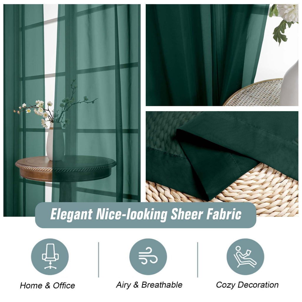 Ebesto Green Window Sheer Curtains 45 Inches Length, Voile Short Curtains for Christmas, Modern Soft Window Drapes 2 Panels Set, Top Dual Rod Pocket, Hunter Green, 2x42Wx45L Inches