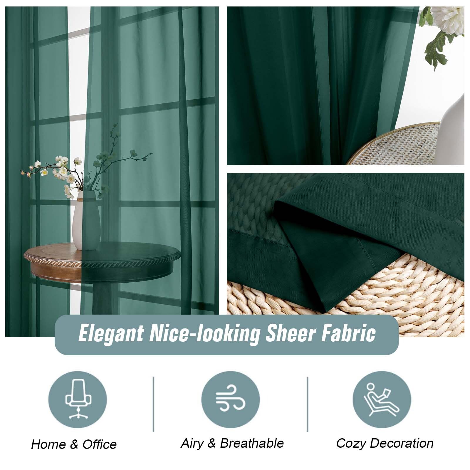 Ebesto Green Window Sheer Curtains 45 Inches Length, Voile Short Curtains for Christmas, Modern Soft Window Drapes 2 Panels Set, Top Dual Rod Pocket, Hunter Green, 2x42Wx45L Inches