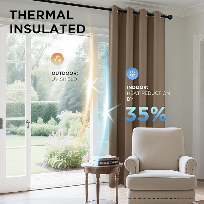 Joydeco Blackout Curtains 90 Inch Length 2 Panels Set, Thermal Insulated Long Curtains& Drapes 2 Burg, Room Darkening Grommet Drapes for Living Room Bedroom Window (W52 x L90 Inch, Khaki)