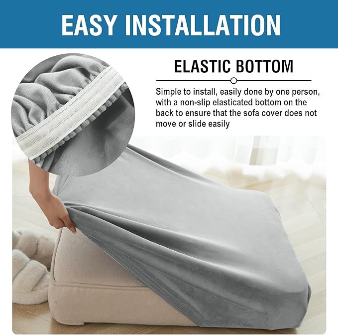 Couch Cover Stretch Velvet Sofa Cushion Cover 3-Piece - Elastic Washable Slipcover for Seat or Backrest, Couch Seat Covers for Sofas (Light Grey)