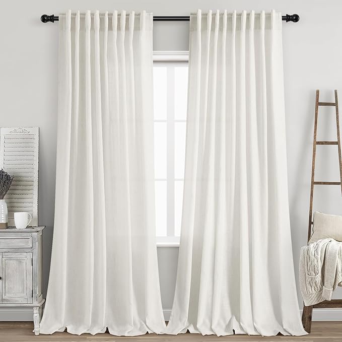 Nanspring Beige White 102 Inch Linen Curtains for Living Room Privacy Semi Sheer Curtains Back Tab and Rod Pocket Farmhouse Coastal Room Decor Curtain for Bedroom Large Window 70x102, 2 Panels