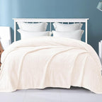 Exclusivo Mezcla Fleece Queen Size Blanket for Bed, 90x90 Inches Soft Cozy Jacquard Flannel Blankets, Lightweight Fuzzy Plush Warm for Women, Off White