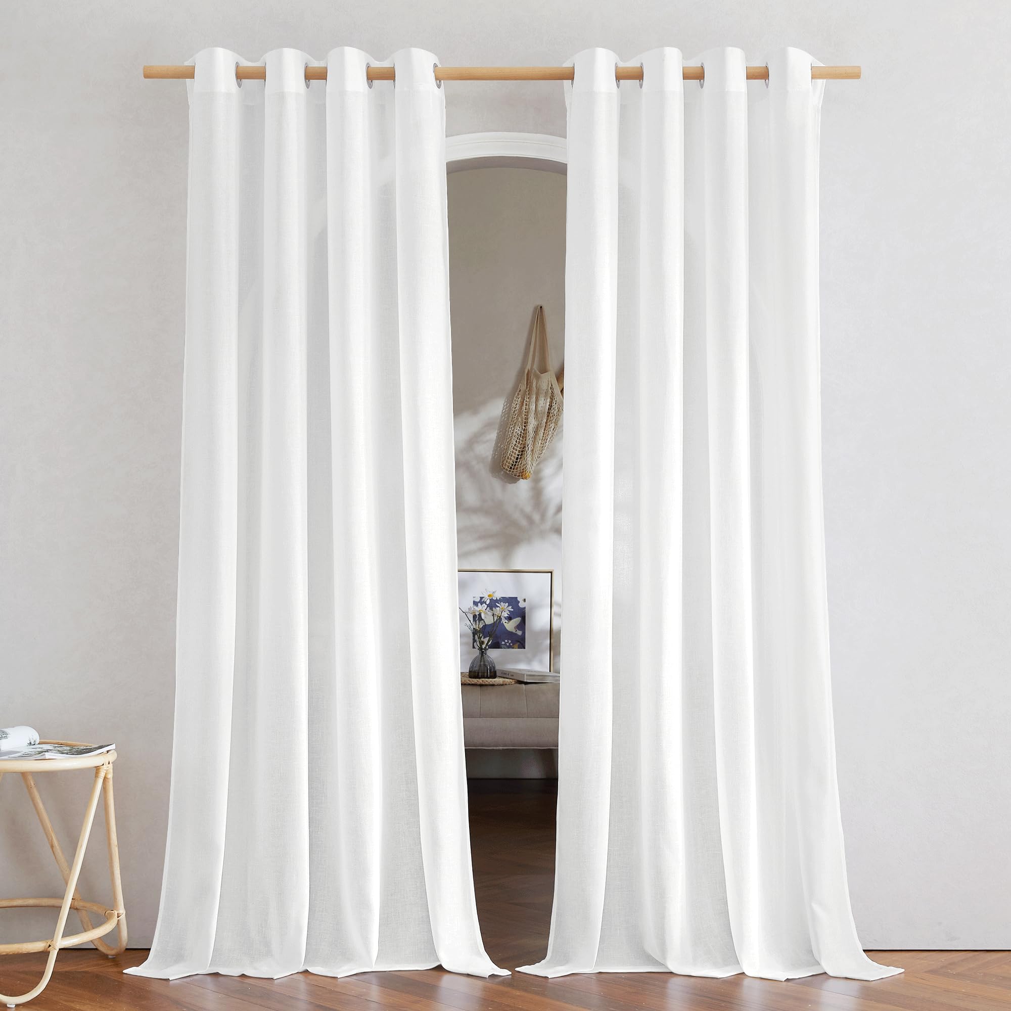 NICETOWN Rustic Linen 144 inch Long Curtains for Living Room, Grommet Privacy Added Thick Linen Weave with Light Filter Window Curtains & Drapes for Bedroom, White, W55 x L144, 2 Panels