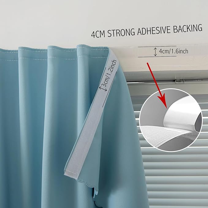 Self Adhesive Curtains, Portable Blackout Curtains Fabric Curtains for Living Room No Drilling, 47" W X 96" L, Lake Blue, 1 Panel