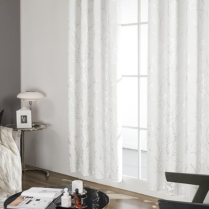 Deconovo Bedroom Curtains, Room Darkening Drapes, Thermal Insulated Soundproof Panel, Silver Tree Print, 52 x 84 Inch, Machine Washable Window Panels for Living Room Officee, Set of 2, Pure White