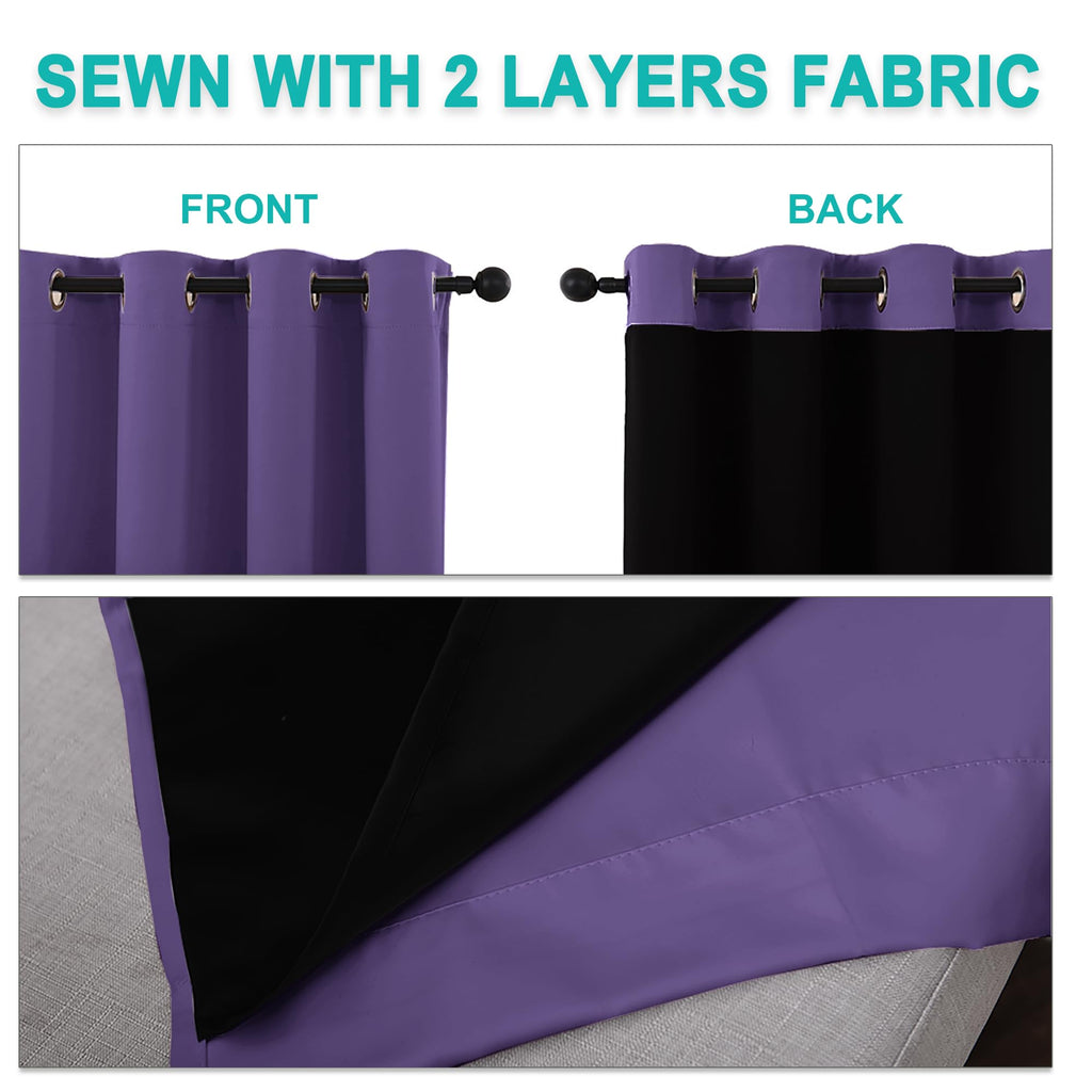 NICETOWN 100% Blackout Curtains with Black Liners, Thermal Insulated Full Blackout 2-Layer Lined Curtains, Energy Efficiency Window Draperies for Dining Room (Lilac Purple, 2 Panels, 52" W by 45" L)