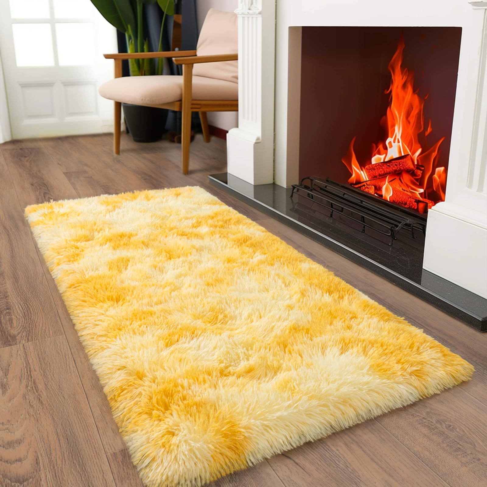 Ailyei Soft Runner Rugs for Bedroom Hallways, 2x4 Tie-Dyed Yellow Fluffy Shag Throw Area Rug Non Slip for Bedside Dorm, Long Shaggy Furry Carpet for Nursery Living Room