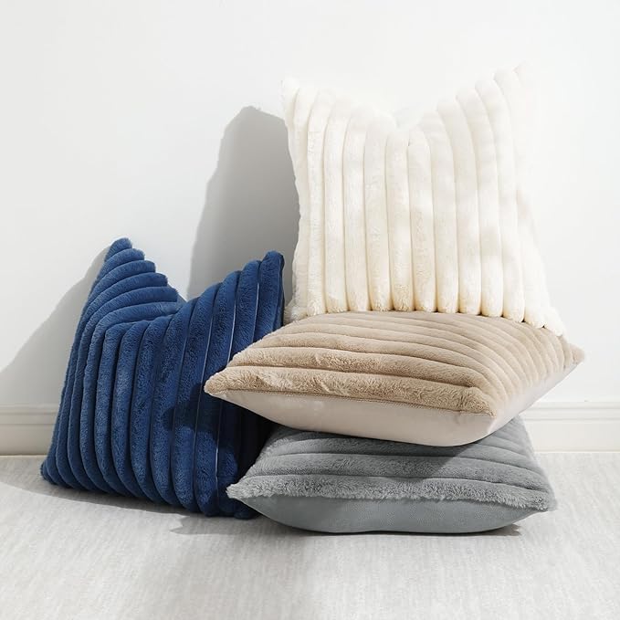 decorUhome Cozy Faux Fur Throw Pillow Covers 24x24 Set of 2 Decorative Soft Plush Striped Modern Farmhouse Boho Couch Euro Sham Pillow Cases with Velvet Back for Sofa Bed Living Room, Grey
