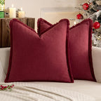 MIULEE Decorative Throw Pillow Covers Neutral Linen Fringe Throw Pillows Euro Shams Set of 2 Burgundy Boho Farmhouse Cushion Covers for Couch Sofa Bed Living Room Home Decor 22x22 Inch