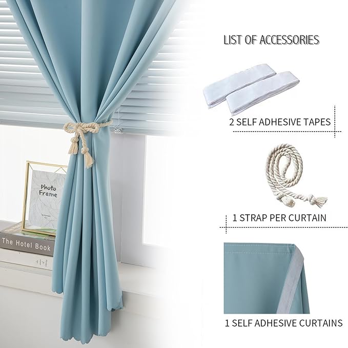 Self Adhesive Curtains, Black Out Shade for Window, Blackout Fabric Temporary Window Coverings Easy to Hang Curtains No Rod Needed, Use for Bedroom, Room, Kitchen, 59"W X 59"L, Lake Blue, 1 Panel