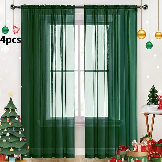 SpaceDresser Foliage Green Sheer Curtains 4 Panels Rod Pocket Semi-Sheer Curtain 45 Inches Long Light Filtering Voile Window Drapes for Bedroom Living Room Kitchen, Each 52W x 45L