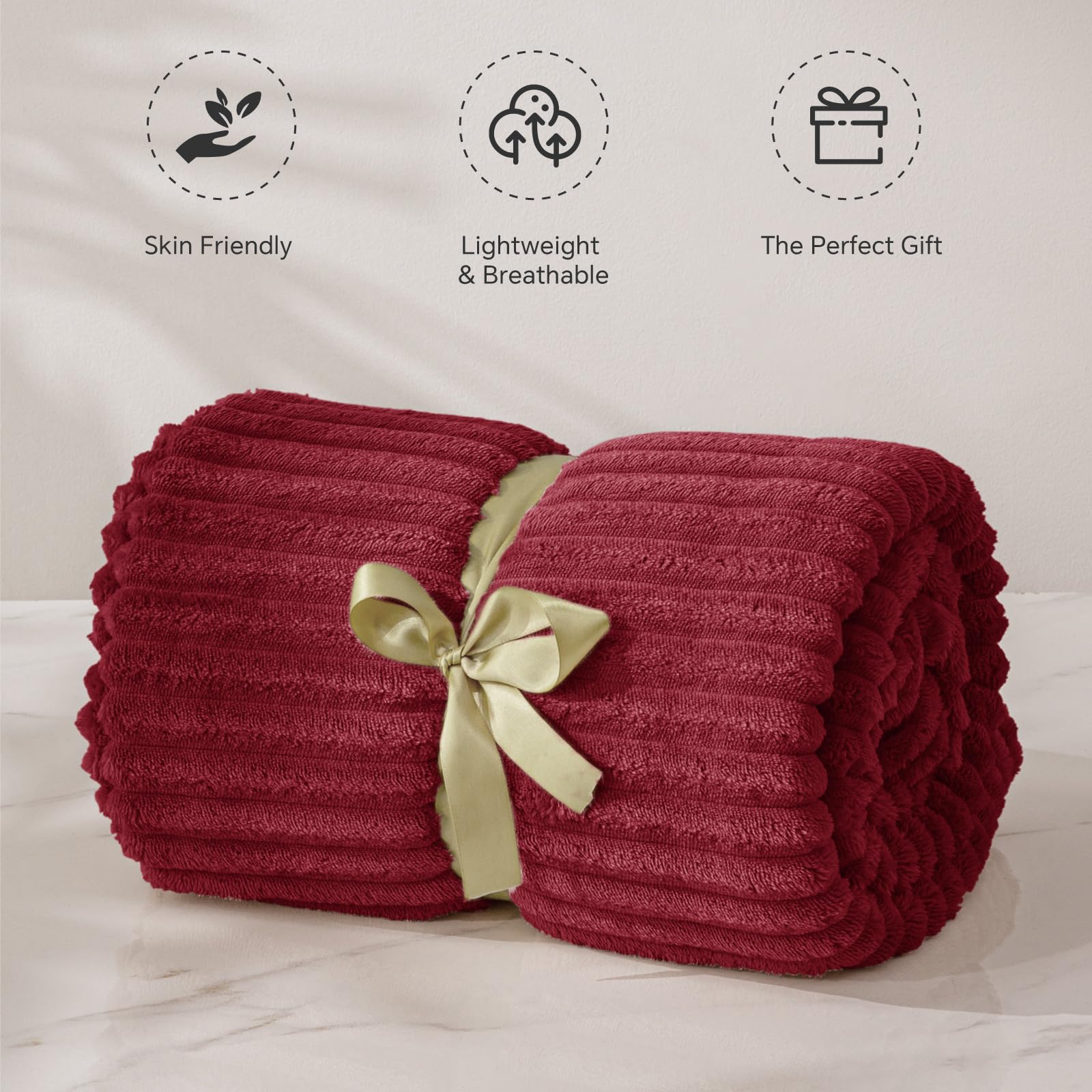 BEDELITE 3D Ribbed Burgundy Fleece Throw Blanket for Couch, 50x60 Inch