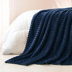 Exclusivo Mezcla California King Size Flannel Fleece Blanket, Super Soft Striped Jacquard Bed Oversized Blanket, Lightweight Fuzzy Cozy for All Seasons, 120x120 Inches, Navy Blue